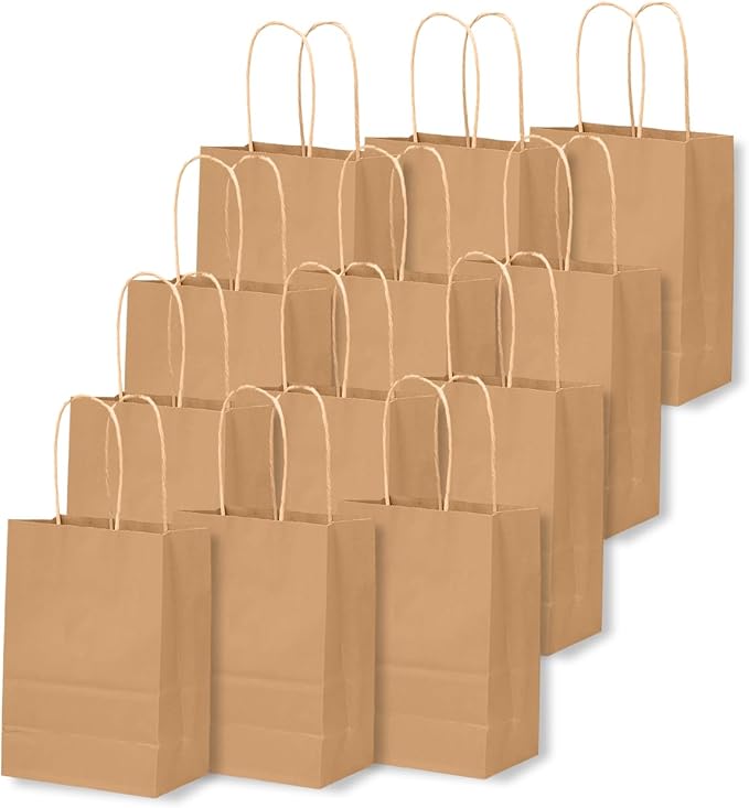 qiqee 50-Packs Brown Paper Gift Bags with Handles Bulk 4.5"x2.5"x6" Mini Size Party Favor Bags Multiple Uses