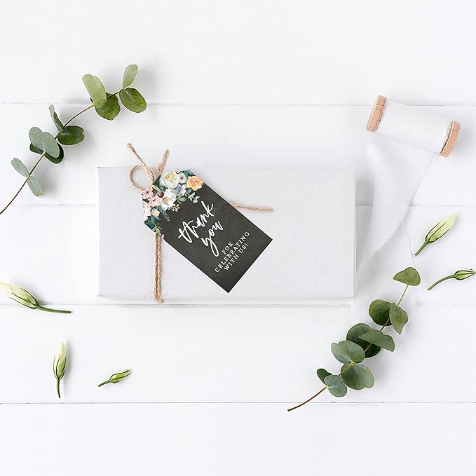 Andaz Press 100-Pack Thank You for Celebrating with Us Favor Tags Chalkboard Florals Cardstock Gift Tags with Bakers Twine for Wedding Baby Shower Bridal Shower Birthday Party Favors 2 x 3.75-Inches