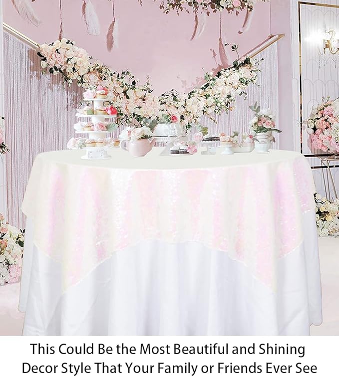 ShinyBeauty Sequin Tablecloth - Square 54x54-Inch Iridescent White Table Cloths for Round Table - Glitter Tablecloth Linen for Party