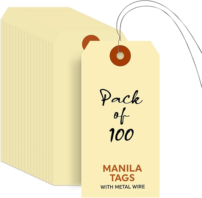 SmartSign Blank Manila Tags with Wire (Pre-Attached)- Pack of 100, Size-5, 13pt Thick Cardstock Shipping Tag, 4 3/4" x 2 3/8" Paper Hang Tags with Reinforced Fiber Patch