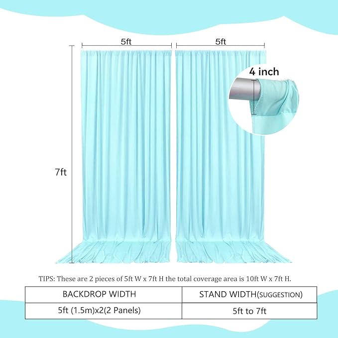 2 Panels Lake Blue Backdrop Curtain, 10 x 7 Feet Background Curtains for Parties, Weddings, Baby Showers, Bachelorette Halloween, Christmas Birthday Party Photoshoot Backdrop Curtains Decorations
