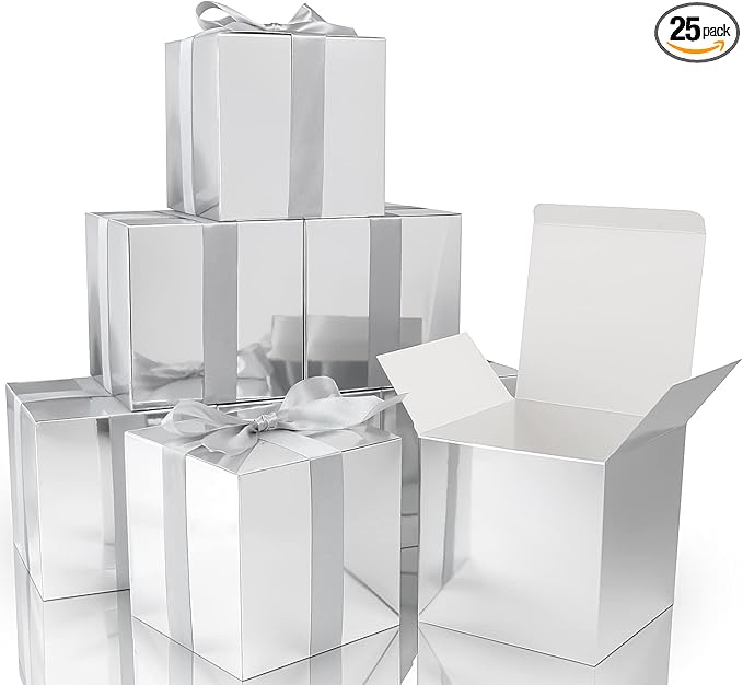 COTOPHER Small Gift Boxes 25 Pack 5x5x5 inches Silver Gift Boxes with Lids for Gifts, Crafting, Wedding Party Favor, Cupcake Boxes, Candy, Bridesmaids Proposal Box with Ribbons and Stickers