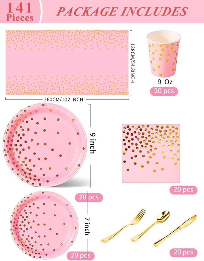 141 Pieces Pink and Gold Party Supplies, Party Dinnerware Sets Include Paper Plates Napkins Cups Silverware, for Wedding Bridal Shower Engagement Birthday Parties Decoration -20 Serves