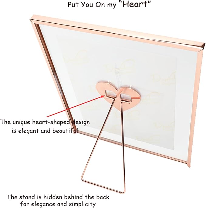 Heart Frame, 8"x10", Rose Gold Floating Frame with Romantic Heart Stand, For Picture 7x9, 6x8, 5x7, Classy For Wedding, Anniversary, Birthday