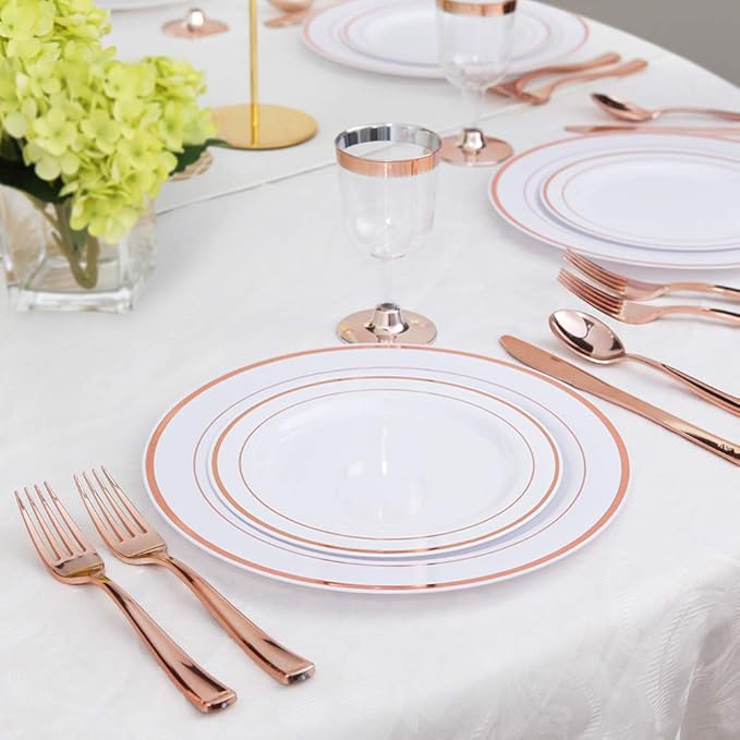 WDF 120 Pieces Rose Gold Plastic Silverware- Disposable Flatware Set-Heavyweight Plastic Cutlery- Includes 40 Forks, 40 Spoons, 40 Knives for Valentine's Day, Mother's Day,Wedding&Party