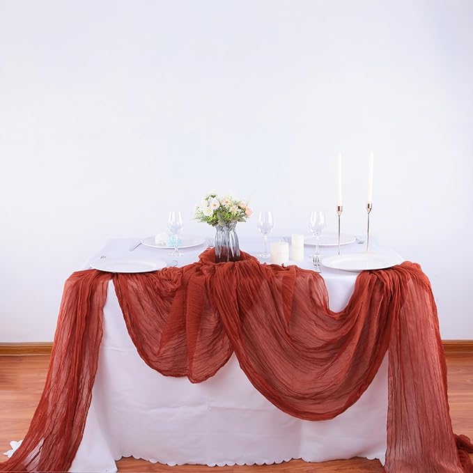 4 Pack Terracotta Cheesecloth Table Runner 35x120 Inch Boho Gauze Fabric Cheese Cloth Table Runner 10Ft Rustic Romantic Sheer Table Runners for Wedding Party Bridal Baby Shower Long Table Decoration