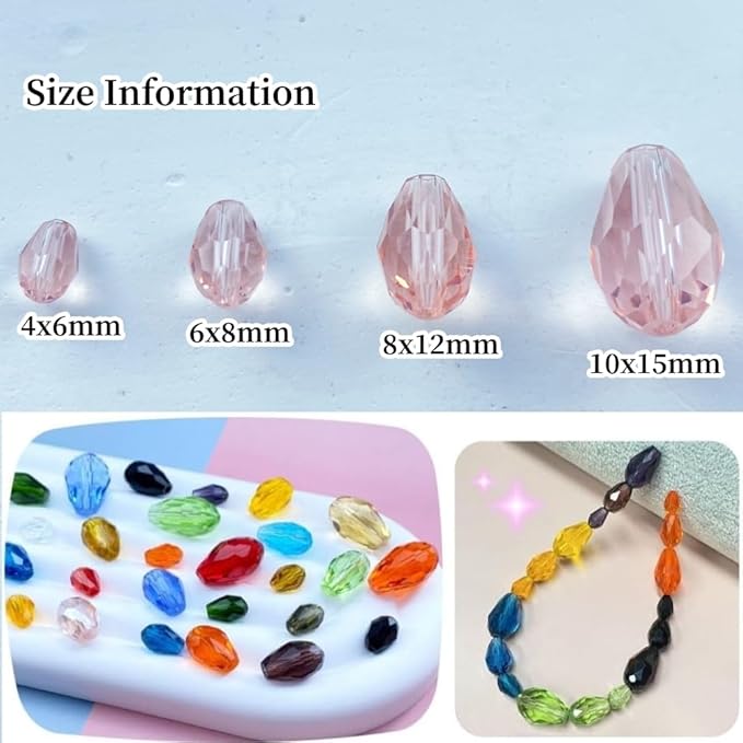 200pcs 4x6mm Teardrop Crystal Glass Beads Vertical Hole Faceted Glass Teardrop Spacer Beads for Bracelets Necklace Earring DIY Jewelry Making Craft(Pink)