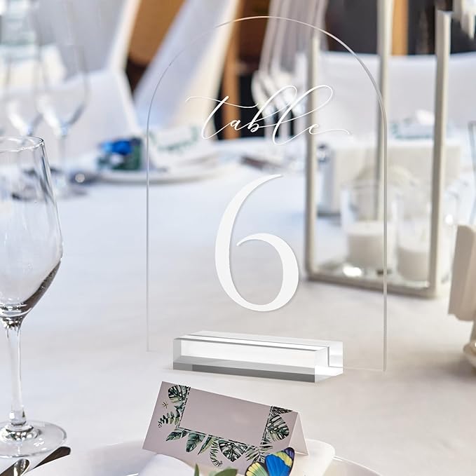 JINMURY Clear Arch Table Numbers for Wedding, 5x7 Inch Arched Acrylic Table Numbers 1-30 with Stands, Clear Acrylic Arch Sign with Holder for Centerpiece, Reception, Wedding, Party, Event