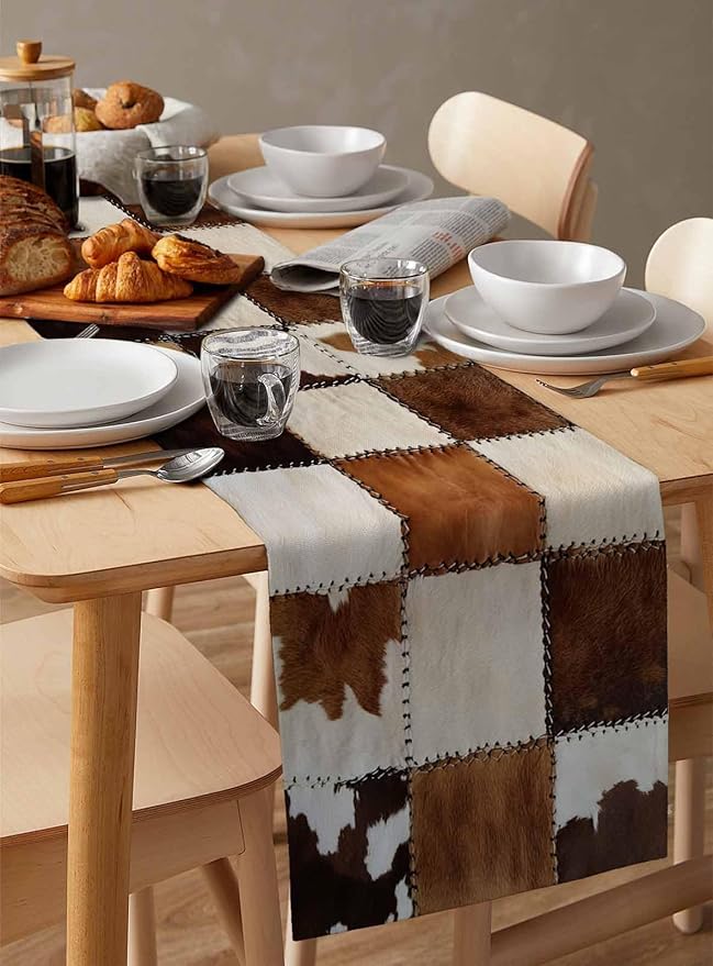Abstract Cowhides Cotton Linen Table Runner for Dining Kitchen, Wedding Outdoor Party Tablerunners Decoration, Brown Beige Animal Fur Texture Dresser Scarf Coffee Tablecloth Runners 13x108 Inches