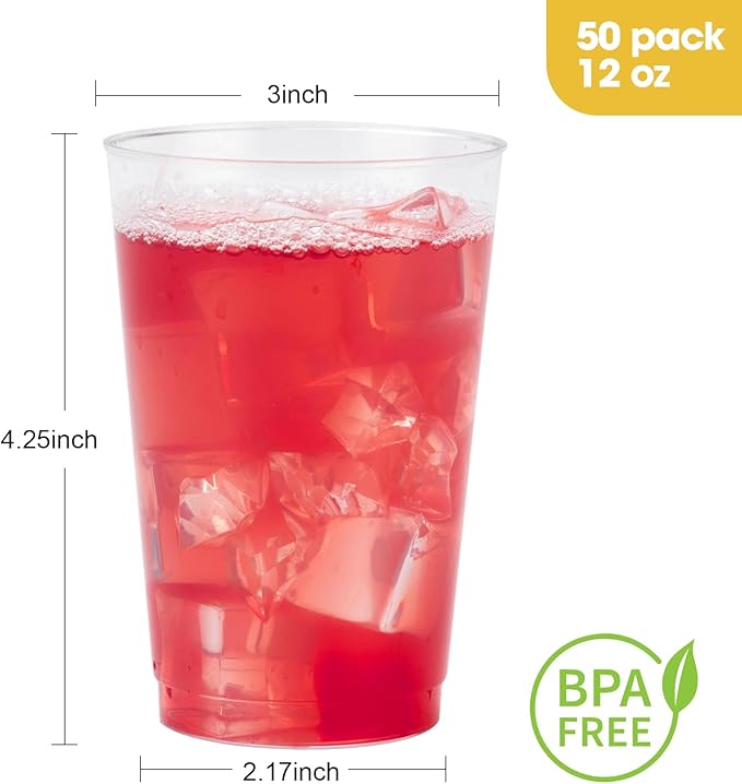 Goodluck 50PCS 12oz Clear Plastic Cups for Party, Disposable Clear Plastic Cups, Cocktail Glasses for Wedding Thanksgiving, Christmas, and Parties