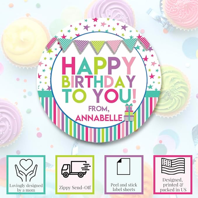 Custom & Personalized Happy Birthday to You Gift Tag Sticker Labels in Pastel Colors for Girls, 40 2" Party Circle Stickers by AmandaCreation, Also Great for Envelope Seals & Gift Bags