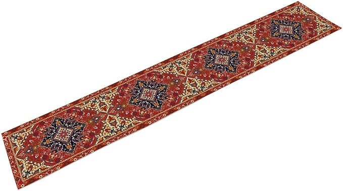 Boho Old French Table Runner, Vintage Red Beige Retro Flower Rustic Country Style Floral Print Pattern for Home Kitchen Table Decor Dining Coffee Room Garden Party Decor 13x60in