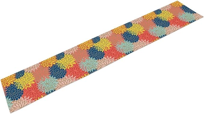 Dahlia Flowers Table Runner Colorful Floral Teal Grey Pink Yellow Blue Abstract Table Runner Kitchen Dining Party Decor Living Room, 13x36 Inch