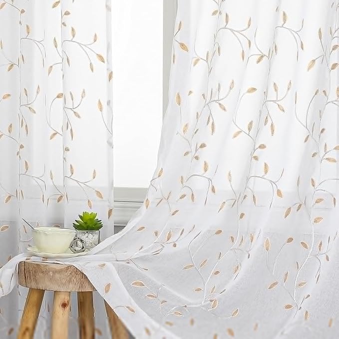 VISIONTEX White Sheer Voile Curtains, Decorative Orange Leaves Embroidery Faux Linen Rod Pocket Window Drapes for Home Kitchen, Living Room and Bedroom 54 x 108 Inch, Set of 2 Curtain Panels