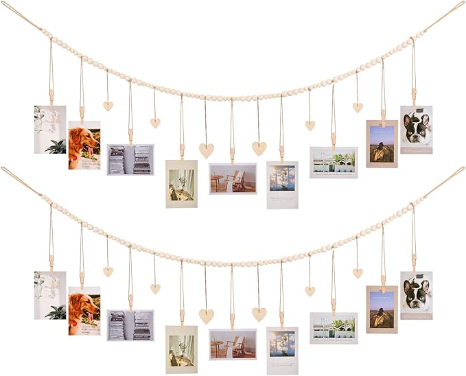 Hanging Photo Display Room Wall Decor, Boho Collage Picture Frame Christmas Cards Holder with 9 Wood Clips and 6 Wooden Hearts Tags, Xmas Card Display for Bedroom, Office, Nursery, Dorm Decor, 2 Pack