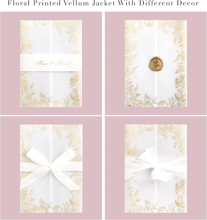 PONATIA 50 PCS Vellum Jackets for 5x7 Invitations- 135gsm Gold Foil Print Floral Printed Vellum Sleeves, Quinceanera Wedding Invitation Cards Wraps, Transparent Christmas Gift Cards Jackets