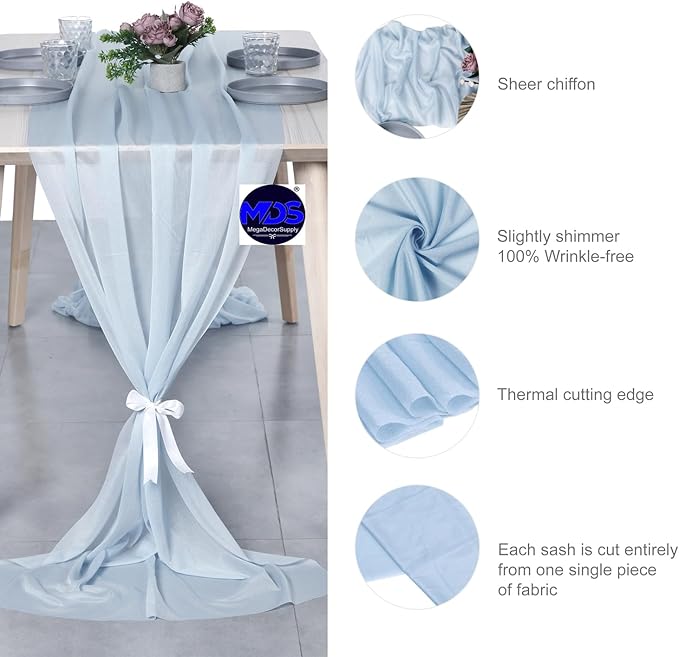 MDS Halloween Chiffon Table Runner - 10 Pack, 29 x 170 Inches, 14ft Each - Sheer Spooky Table Runners for Haunted House Parties, Trick-or-Treat Tables, Witchy Décor, Wedding & Events - Baby Blue