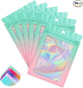 Funfery 100 Pack Gradient Holographic Bags,Mylar Resealable Bags with Zipper,Clear Window Packaging Pouchs,Smell Proof Foil Bag for Food Storage,Sample Jewelry Baggies(3×4.7In,Green Pink)