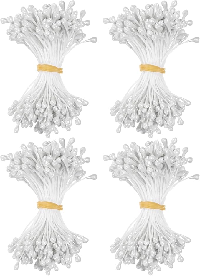 600-Pack Flower Stamens for Crafts, 5mm Double Heads Artificial Pearl Floral Pistil Mini Flower Pollens Stamens for DIY Making/Wedding/Scrapbook Decoration [White]