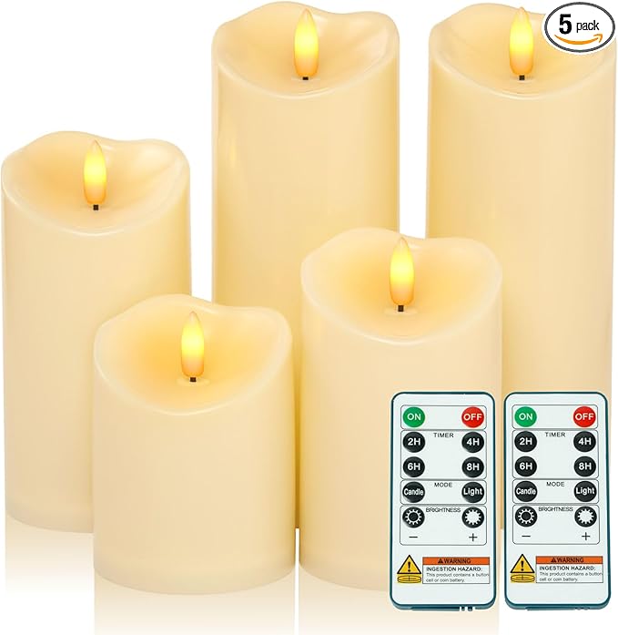 Amagic Waterproof Outdoor Flameless Candles with Remote, LED Candles Battery Operated with Timer, Flickering Fake Pillar Candle for Outside Patio Yard Decor, Dark Ivory, Set of 5, D3 X H4 5" 6" 8" 8"
