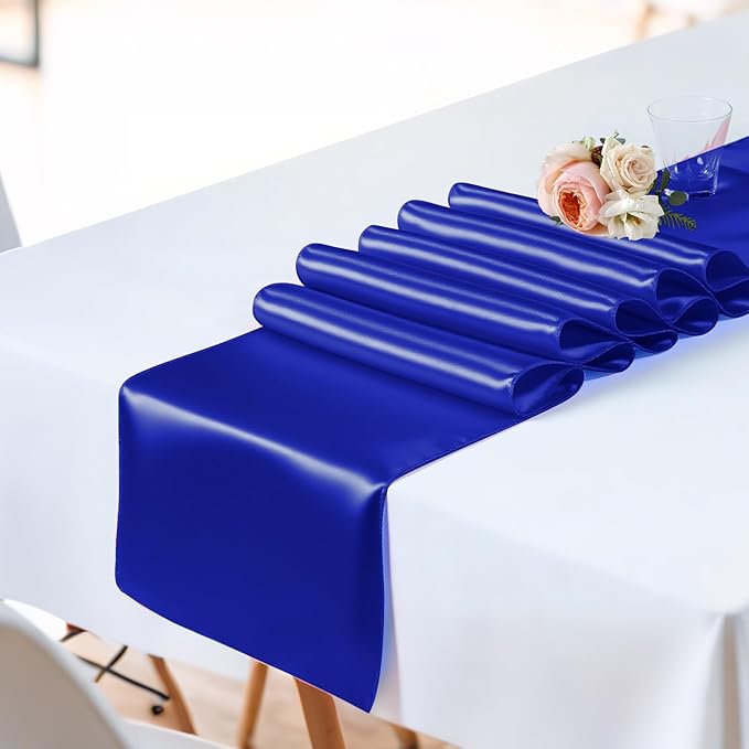 SHEJIZE 2 Pack Royal Blue Satin Table Runner 12x108 Inches Long, Bright Silky Smooth Satin Table Runner Table Decor for Wedding Banquet Christmas Prom Event Birthday Party