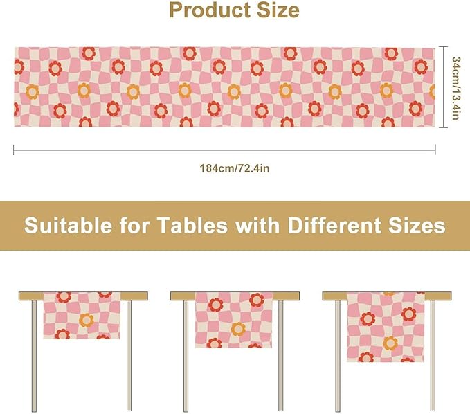 Vintage Floral Table Runner,60s Retro Color Funky Hippie Print Table Cloth Kitchen Dining Table Home Party Decoration 13x60 Inch