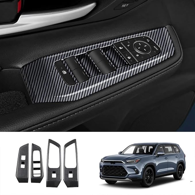 4pcs Carbon Fiber Style Front Rear Doors Window Glass Lift Switch Panel Cover Decorative Sticker Protection Car Interior Accessories for 2024-2025 Toyota Grand Highlander KT18