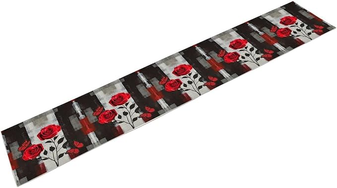 Abstract Art Rose Table Runner, Red Roses Floral Butterfly Black Red Grey Ink Background Pattern Kitchen Dinning Table Runner for Indoor Outdoor Home Wedding Party Holiday, 13x90 Inch