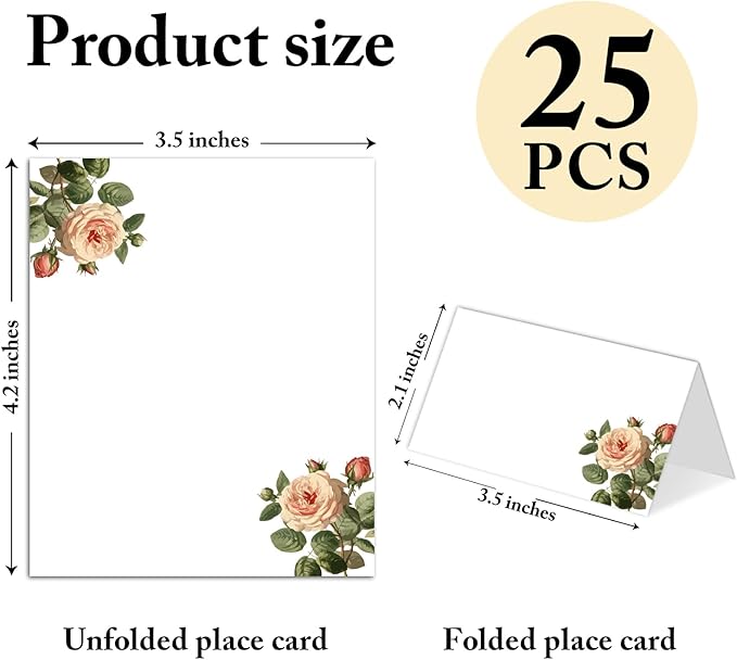 25 Pack Floral Place Cards, Editable Name Cards for Table Setting, Tent Cards Food Label for Dinner Party, Bridal Shower, Wedding, Baby Shower and Events -T05