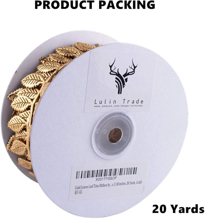 BASOKAN Gold Leaves Leaf Ribbon Trim Rope - 20 Yards - for Garland DIY Crafts and Party Wedding Home Decorations (Gold)