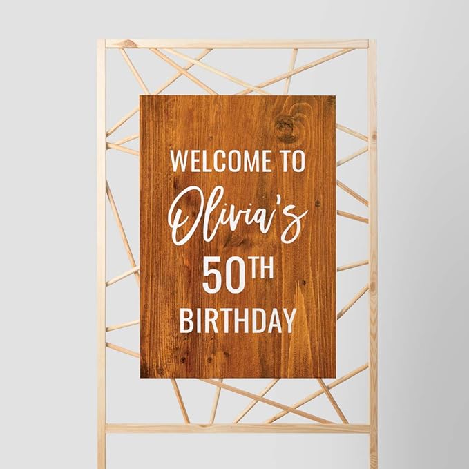 Andaz Press Personalized Extra Large Birthday Easel Board Party Sign, 12x18-inch, Rustic Barn Wood, Welcome to Olivia's 50th Birthday, 1-Pack, Custom Name Age