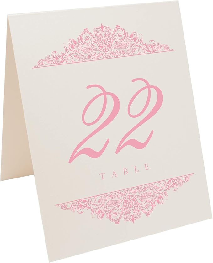 Paisley Wedding Table Numbers (Select Color/Quantity), Champagne, Pink, 1-20, Double Sided, Tent or Use in a Stand, Great for Parties & Restaurants - Made in the USA