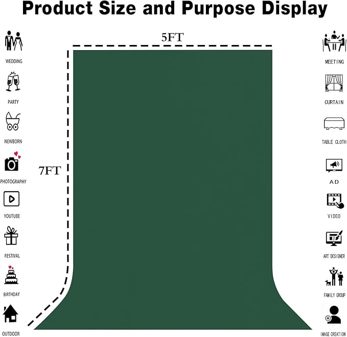Dark Green Screen Backdrop 5x7FT Photography Green Background for Streaming Zoom, Photo Studio, Collapsible High Density Screen for Video Photography