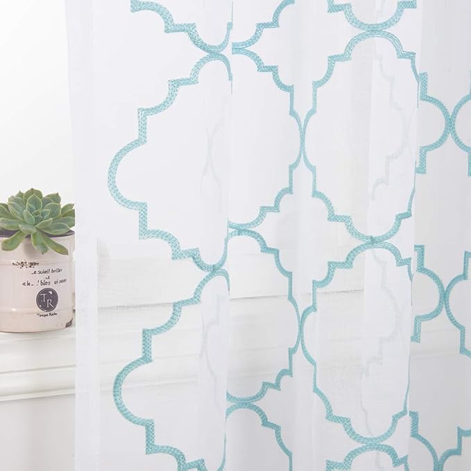 Embroidery Sheer Curtains Blue 63 Inch, Rod Pocket Voile Drapes for Living room, Bedroom, Window Treatments Moroccan Embroidery Semi Crinkle Curtain Panels for Yard, Patio, Villa, Set of 2, 52"x 63".
