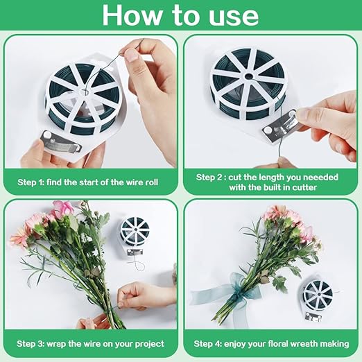 Floral Wire, 110 Yards Flexible Craft Wire for Wreath 22 Gauge Green Florist Supplies with Built-in Cutter for Christmas Tree, Garland and Flower Arrangements, Plant Support