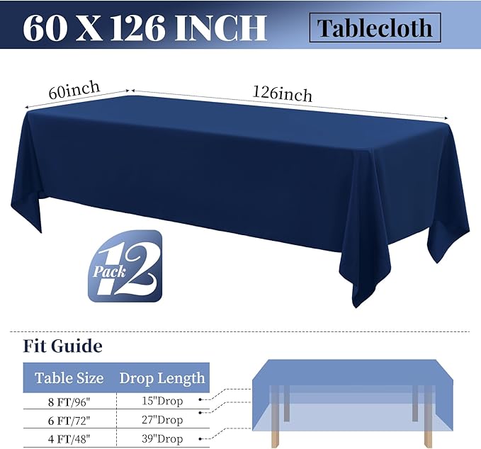 12 Pack Polyester Tablecloth 60 x 126 Inch Navy Blue Tablecloth for 8 Ft Rectangle Tables,Washable Fabric Table Covers Polyester Table Clothes for Wedding Parties Banque