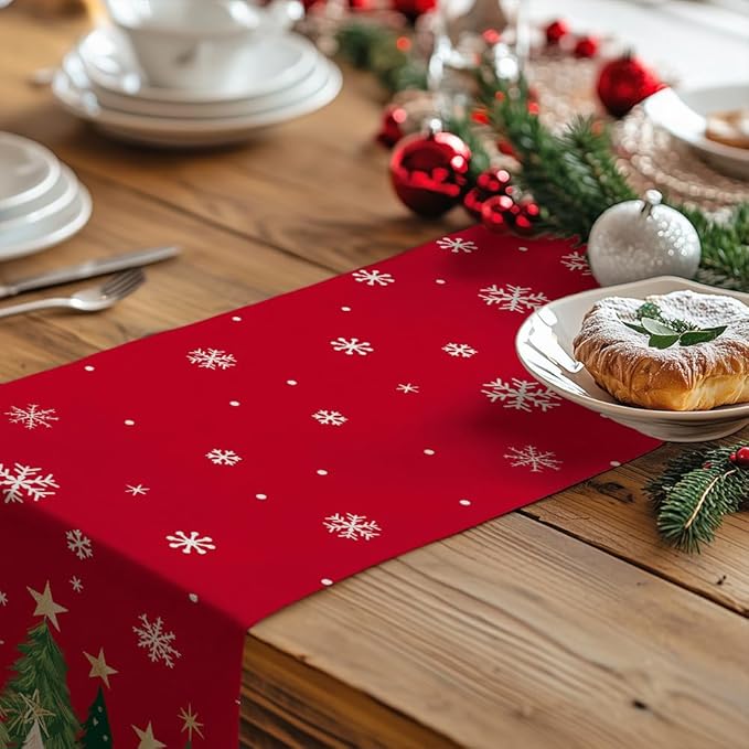 GEEORY Christmas Table Runner 13x72 Inch, Xmas Trees Snowflakes Winter Holiday Decorative Farmhouse Table Decorations for Kitchen Dinning, Indoor Outdoor Dinner Party Decor (Red) GT150-72