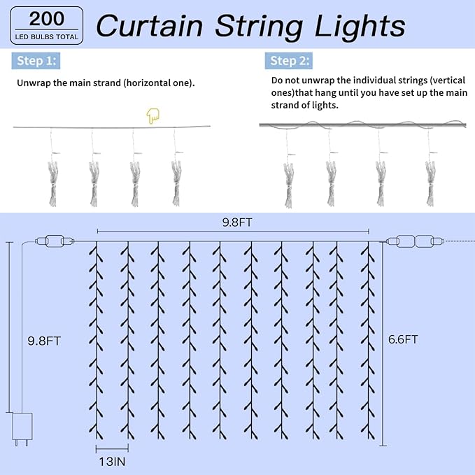 200 LED Curtain String Lights 9.8 * 6.6FT Plug in Fairy with Timer and 8 Modes, Waterproof Window Wall Lights for Bedroom Wedding Party Indoor Outdoor Christmas Decor