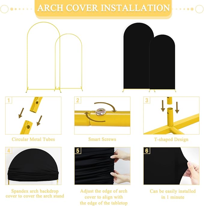 Wedding Arch Backdrop Stand and Cover Set of 2 6FT 7.2FT Black Spandex Fitted Stretchy Arch Stand Covers for Gold Metal Stand Round Top Chiara Backdrop Cover for Birthday Party Decorations