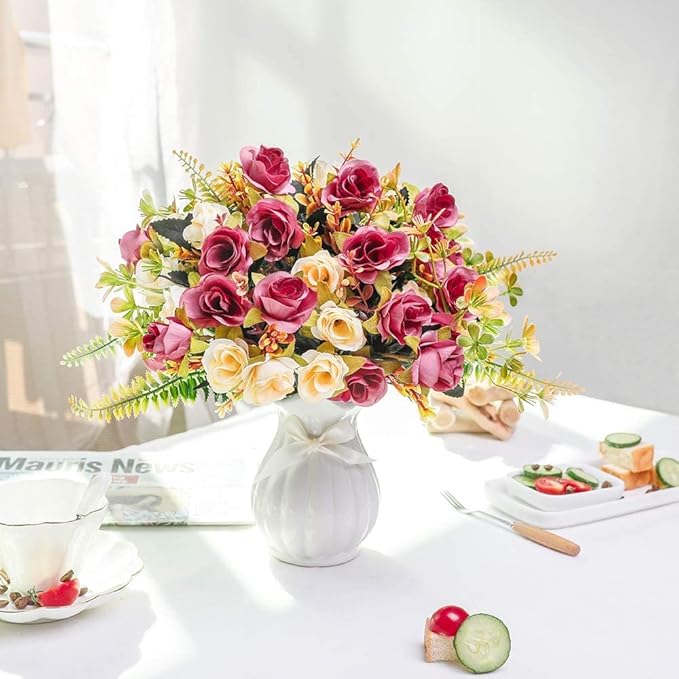 LESING Artificial Fake Flowers with Vase Silk Artificial Roses Wedding Flowers Bouquets Home Office Party Meeting Room Decoration (Violet red-1)