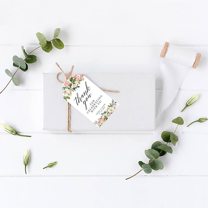 Andaz Press 100-Pack Personalized Thank You for Celebrating with Us Wedding Favor Tags with Bakers Twine Peach Coral Floral Garden Custom Cardstock Wedding Gift Tags for Party Favors 2 x 3.75-Inches