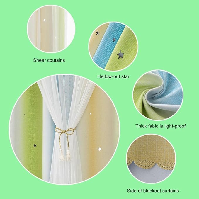 FANLI Ombre Rainbow Blackout Curtains for Kid Girls Bedroom Living Room Darking Stripe Double Layer Star Cut Out Wall Home Decor Gradient Grommet Window Curtains （Blue Green 52Wx84L）