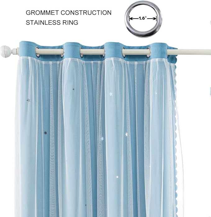 FANLI 2 Panels Star Blackout Curtains for Kid Girls Bedroom Living Room Darking Stripe Double Layer Star Cut Out Wall Home Decor Gradient Grommet Window Curtains (Blue 95L)