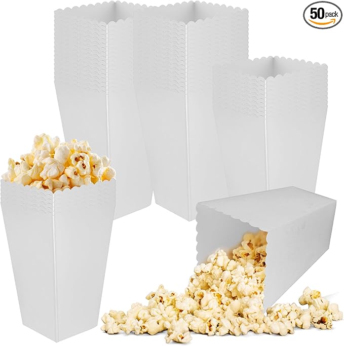 50 Pcs Popcorn Boxes Mini Paper Popcorn Box Cardboard Popcorn Container for Party Disposable Snack Candy Popcorn Bags Popcorn Holder for Movie Nights Birthday Wedding (White)
