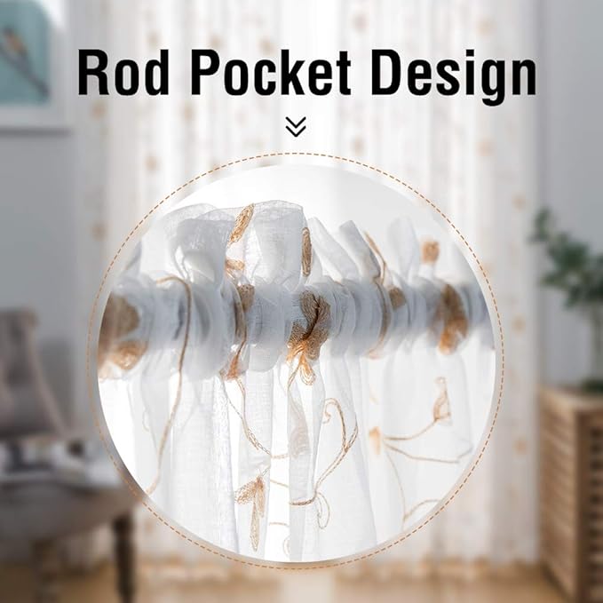 Embroidery Sheer Curtains Gold 63 Inch Length, Rod Pocket Voile Drapes for Living room, Bedroom, Window Treatments Semi Crinkle Curtain Panels for Yard, Patio, Villa, Parlor, Set of 2, 52"x 63".