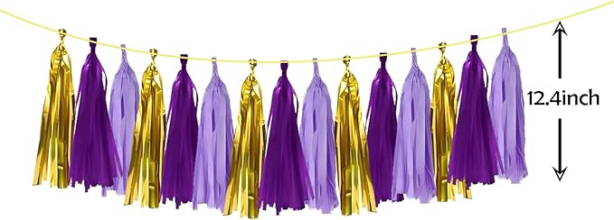 ZOOYOO Shiny Tassel Garland Tissue Paper Tassel Banner Table Decor,DIY Kits for Birthday,Wedding,Bridal Shower,Bachelorette,Graduation,Anniversary,Party Decorations,Pack of 15(Purple Gold)