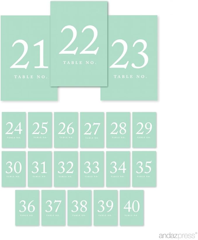 Andaz Press Mint Green Wedding Table Numbers 21-40, 4x6-Inches Table Number Cards For Wedding Reception Table Number For Seating Chart For Wedding Reception, Restaurant, Classroom, Boda