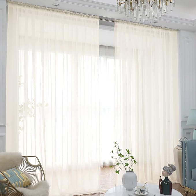 Window Beige Sheer Curtains 95 Inches Long 2 Panels Sheer Curtain Basic Rod Pocket Panel for Bedroom Children Living Room Yard Kitchen (Beige, 52" W x 95" L | 2 pcs)
