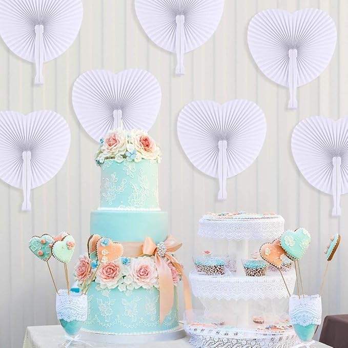 ZWIN 48 Pcs Heart Shaped Paper Fans for Wedding Pocket Folding Paper Fans with Plastic Handle White Blank Fans for Guest Celebration Party Decoration