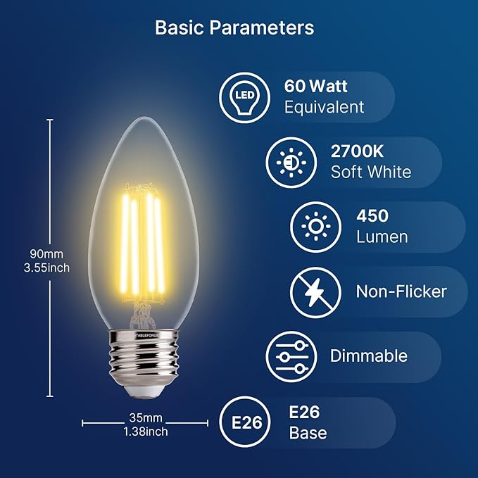 FLSNT LED Candelabra Light Bulbs 60W Equivalent E26 Base, Dimmable B11 LED Chandelier Light Bulbs, 2700K Soft White, 24 Pack UL,CA65 Listed.